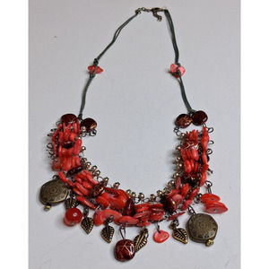Bohemian Red Beaded‎ Necklace Choker Charm Pendant Antique Gold Accents